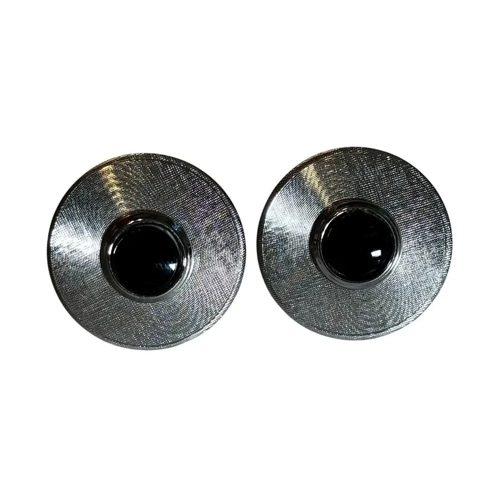 Mid Century silver textured round cufflinks with black enamel centers vintage
